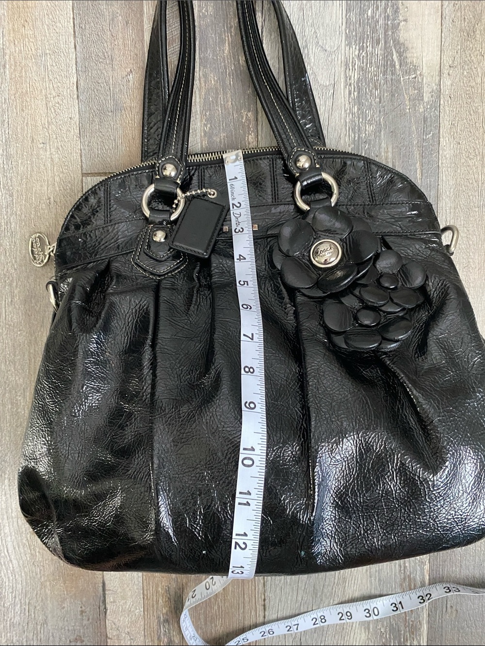 Coach Black Floral Appliqué Leather Satchel Shoulder Bag - Picture 11 of 16